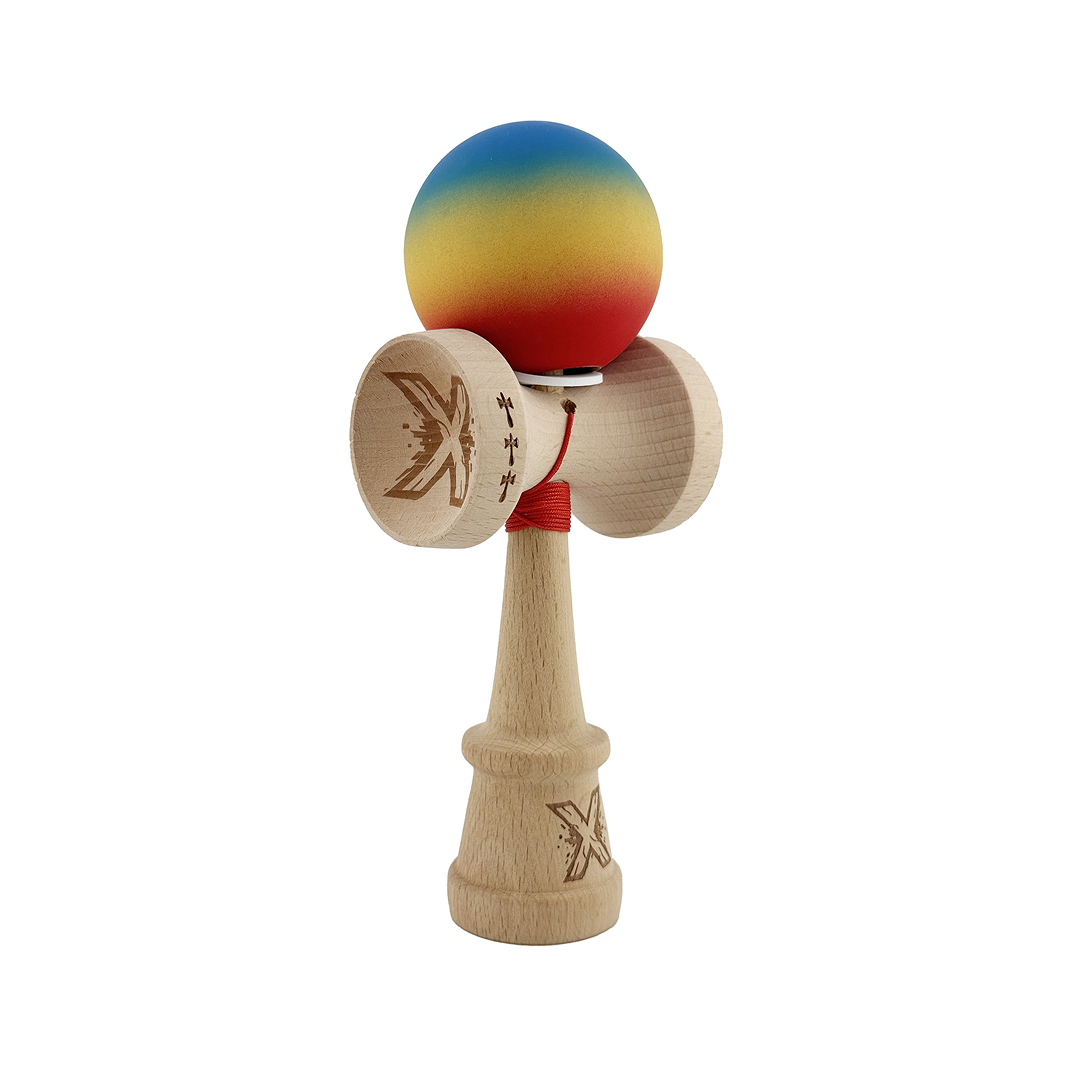 Kendama X Originala, Model V3 Albastru / Galben / Rosu in Degrade, Profesionala, Cupe Mari King Size, Rubber Grip, Gaura in Baza, Rulment, Ata 55cm