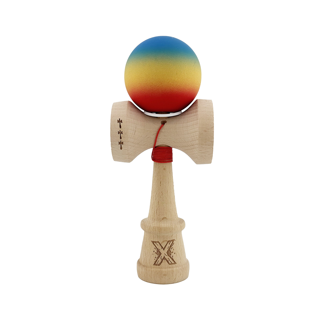 Kendama X Originala, Model V3 Albastru / Galben / Rosu in Degrade, Profesionala, Cupe Mari King Size, Rubber Grip, Gaura in Baza, Rulment, Ata 55cm