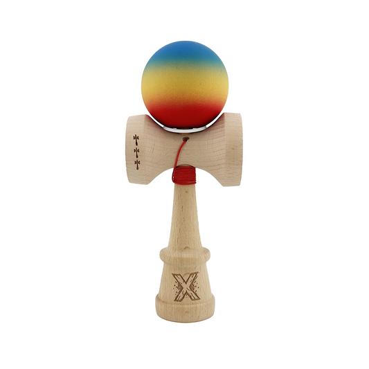 Kendama X Originala, Model V3 Albastru / Galben / Rosu in Degrade, Profesionala, Cupe Mari King Size, Rubber Grip, Gaura in Baza, Rulment, Ata 55cm