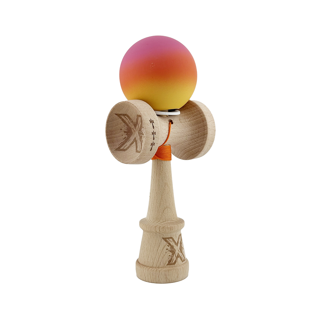 Kendama X Originala, Model V3 Roz / Rosu / Galben in Degrade, Profesionala, Cupe Mari King Size, Rubber Grip, Gaura in Baza, Rulment, Ata 55cm