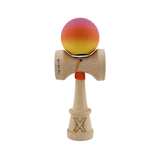 Kendama X Originala, Model V3 Roz / Rosu / Galben in Degrade, Profesionala, Cupe Mari King Size, Rubber Grip, Gaura in Baza, Rulment, Ata 55cm