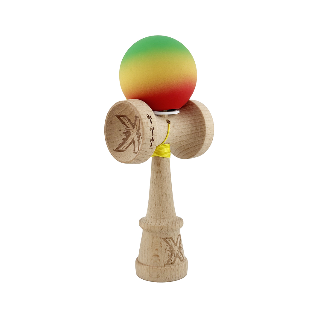 Kendama X Originala, Model V3 Verde / Galben / Rosu in Degrade, Profesionala, Cupe Mari King Size, Rubber Grip, Gaura in Baza, Rulment, Ata 55cm