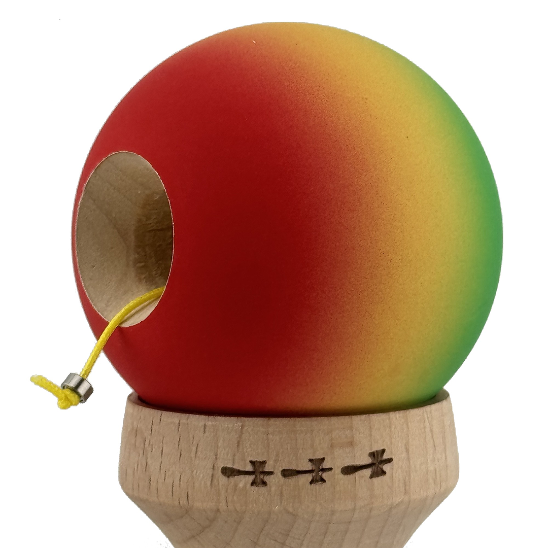 Kendama X Originala, Model V3 Verde / Galben / Rosu in Degrade, Profesionala, Cupe Mari King Size, Rubber Grip, Gaura in Baza, Rulment, Ata 55cm