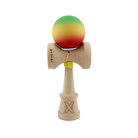 Kendama X Originala, Model V3 Verde / Galben / Rosu in Degrade, Profesionala, Cupe Mari King Size, Rubber Grip, Gaura in Baza, Rulment, Ata 55cm