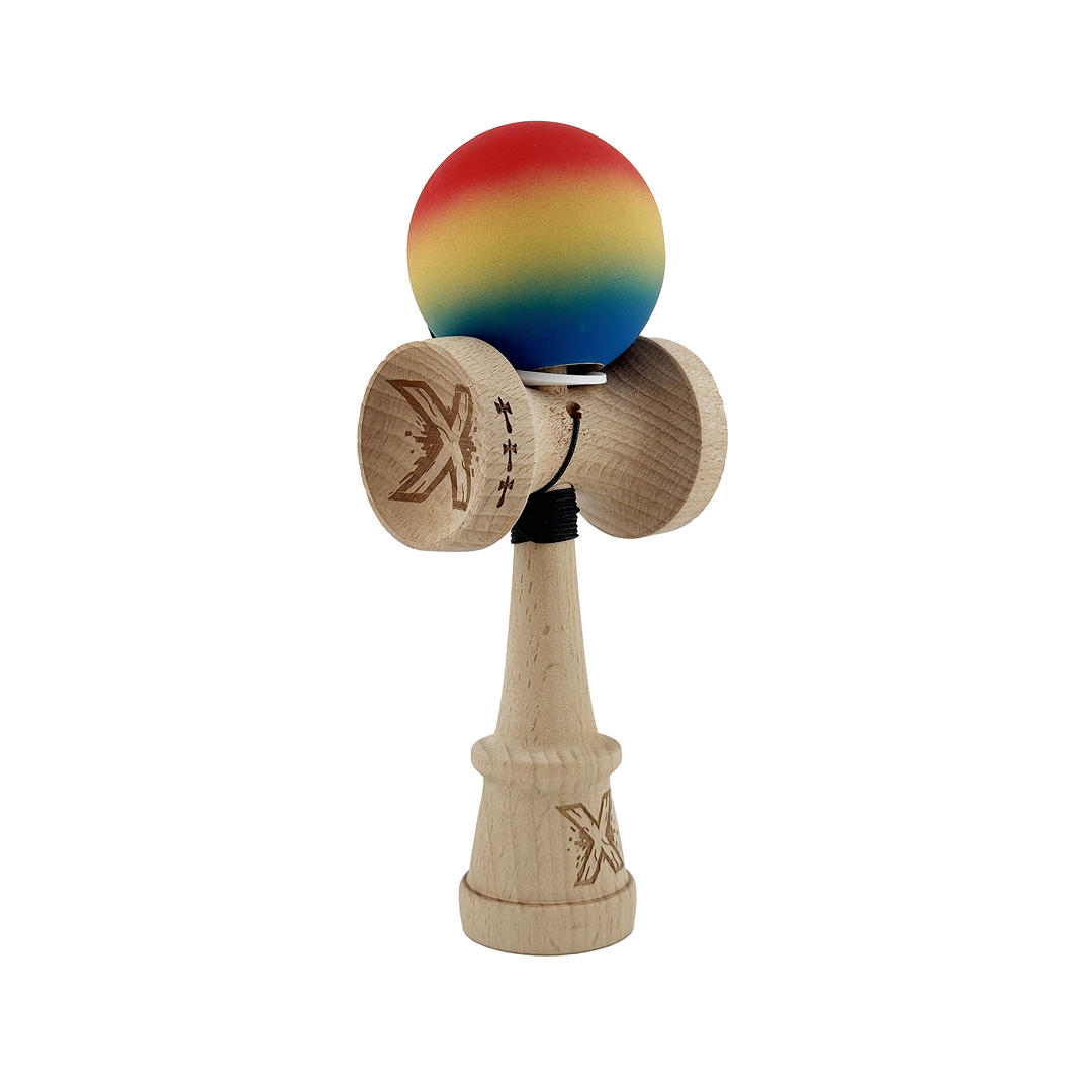 Kendama X Originala, Model V3 Rosu / Galben / Albastru in Degrade, Profesionala, Cupe Mari King Size, Rubber Grip, Gaura in Baza, Rulment, Ata 55cm