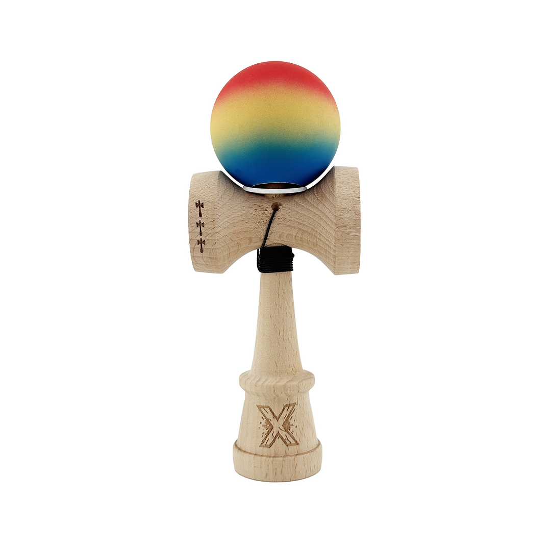 Kendama X Originala, Model V3 Rosu / Galben / Albastru in Degrade, Profesionala, Cupe Mari King Size, Rubber Grip, Gaura in Baza, Rulment, Ata 55cm