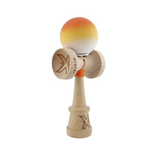 Kendama X Originala, Model V3 Portocaliu / Galben / Alb in Degrade, Profesionala, Cupe Mari King Size, Rubber Grip, Gaura in Baza, Rulment, Ata 55cm