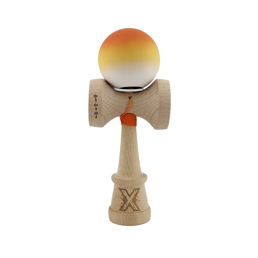 Kendama X Originala, Model V3 Portocaliu / Galben / Alb in Degrade, Profesionala, Cupe Mari King Size, Rubber Grip, Gaura in Baza, Rulment, Ata 55cm