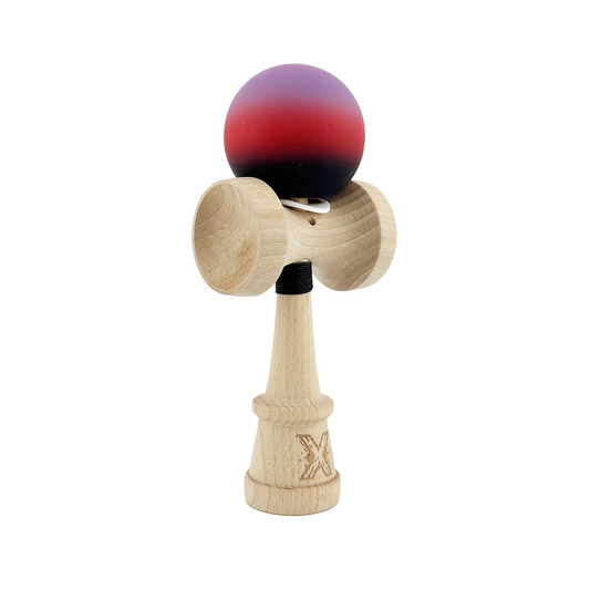 Kendama X Originala, Model V3 Mov / Rosu / Negru in Degrade, Profesionala, Cupe Mari King Size, Rubber Grip, Gaura in Baza, Rulment, Ata 55cm