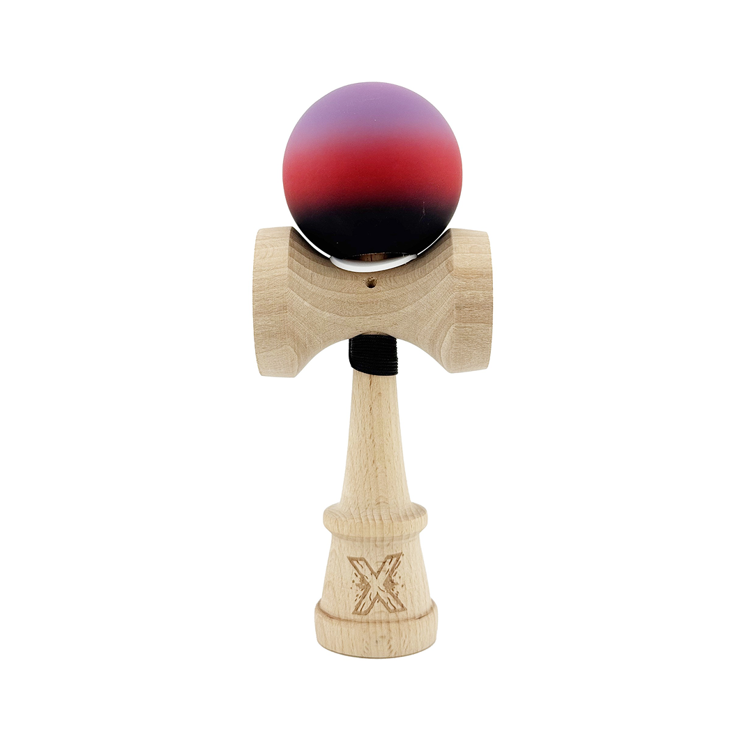 Kendama X Originala, Model V3 Mov / Rosu / Negru in Degrade, Profesionala, Cupe Mari King Size, Rubber Grip, Gaura in Baza, Rulment, Ata 55cm