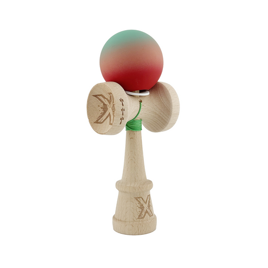 Kendama X Originala, Model V3 Verde / Roz / Rosu in Degrade, Profesionala, Cupe Mari King Size, Rubber Grip, Gaura in Baza, Rulment, Ata 55cm