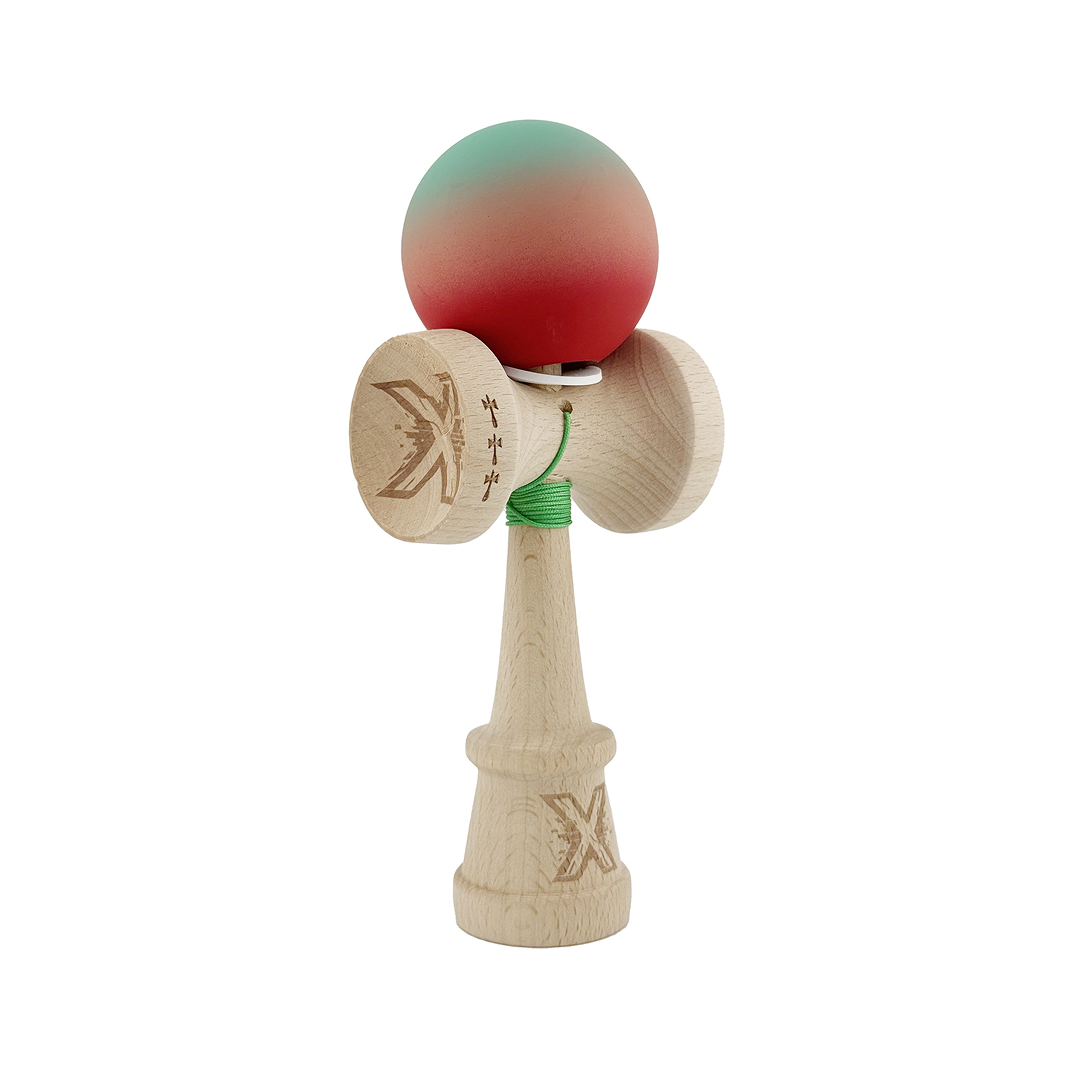Kendama X Originala, Model V3 Verde / Roz / Rosu in Degrade, Profesionala, Cupe Mari King Size, Rubber Grip, Gaura in Baza, Rulment, Ata 55cm