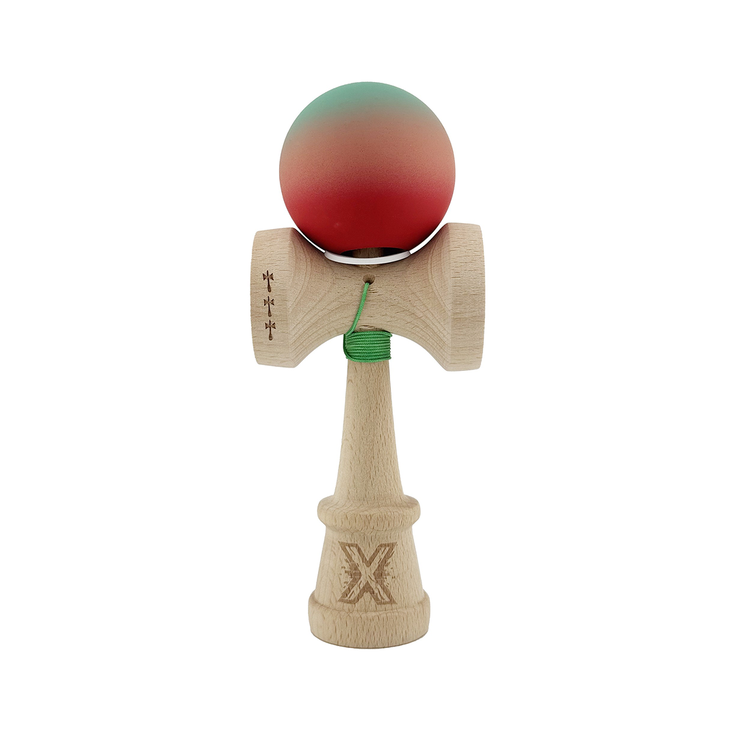 Kendama X Originala, Model V3 Verde / Roz / Rosu in Degrade, Profesionala, Cupe Mari King Size, Rubber Grip, Gaura in Baza, Rulment, Ata 55cm