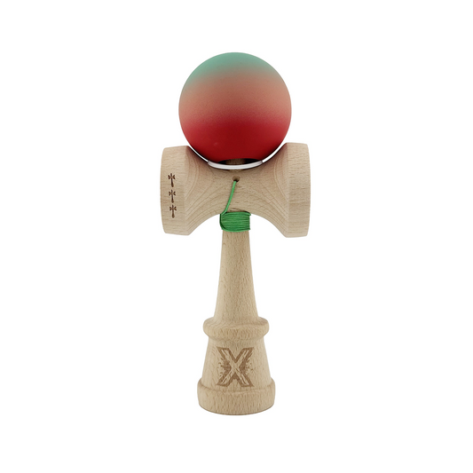 Kendama X Originala, Model V3 Verde / Roz / Rosu in Degrade, Profesionala, Cupe Mari King Size, Rubber Grip, Gaura in Baza, Rulment, Ata 55cm