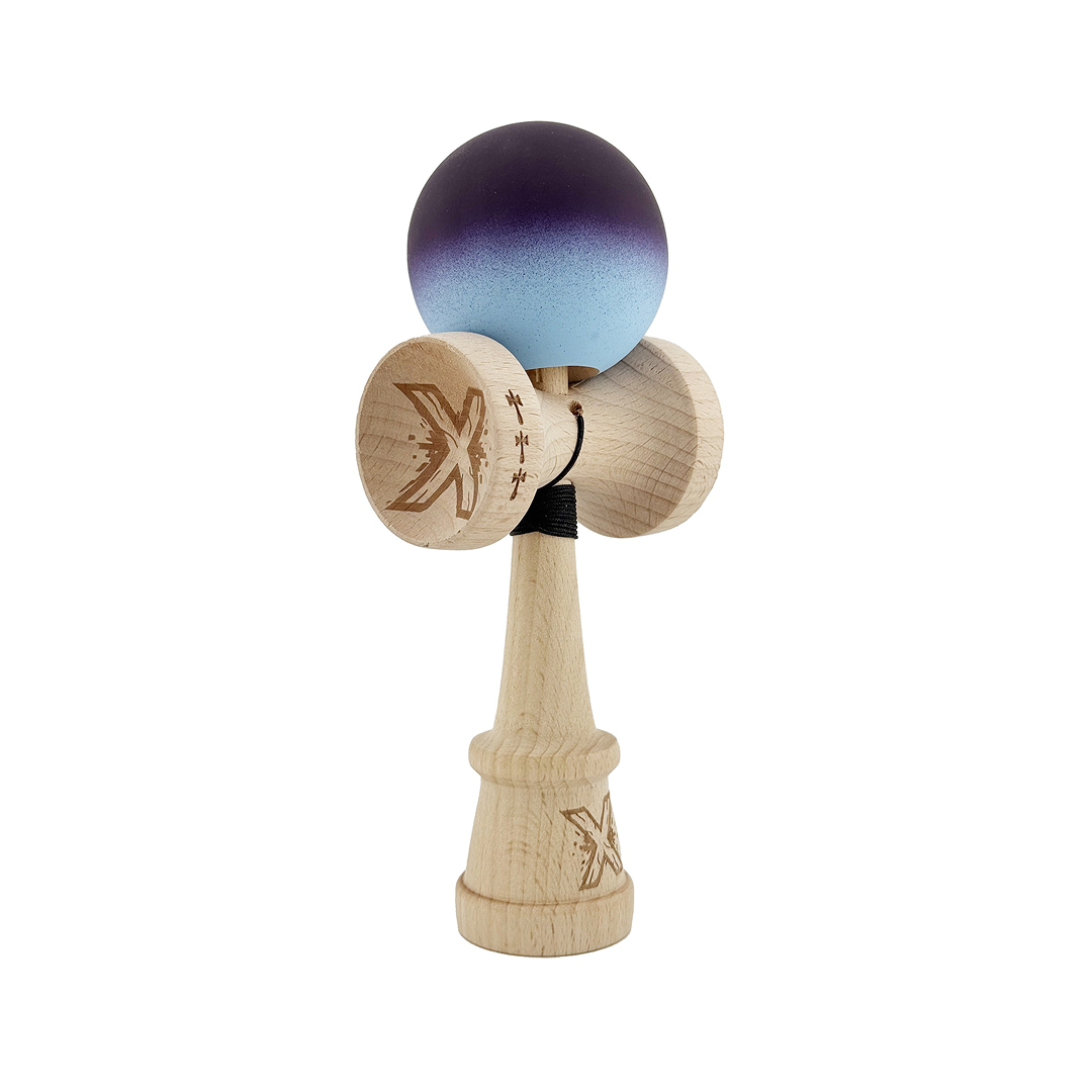 Kendama X Originala, Model V3 Negru / Albastru Deschis in Degrade, Profesionala, Cupe Mari King Size, Rubber Grip, Gaura in Baza, Rulment, Ata 55cm