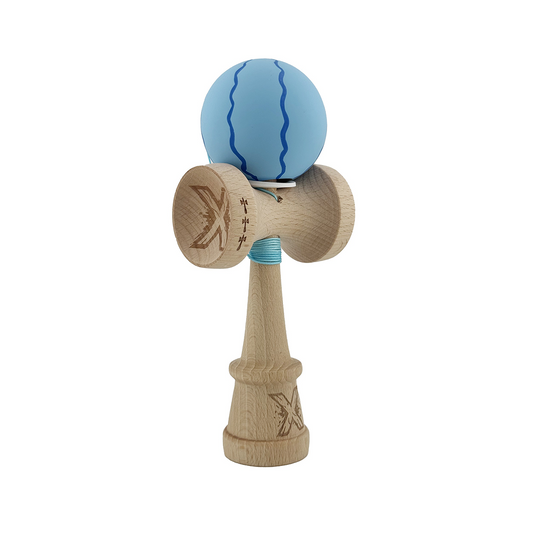 Kendama X Originala, Model V3 Special Albastru Deschis, Profesionala, Cupe Mari King Size, Rubber Grip, Gaura in Baza, Rulment, Ata 55cm
