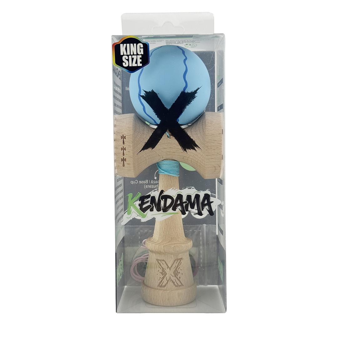 Kendama X Originala, Model V3 Special Albastru Deschis, Profesionala, Cupe Mari King Size, Rubber Grip, Gaura in Baza, Rulment, Ata 55cm