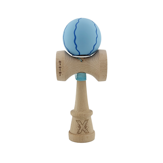 Kendama X Originala, Model V3 Special Albastru Deschis, Profesionala, Cupe Mari King Size, Rubber Grip, Gaura in Baza, Rulment, Ata 55cm