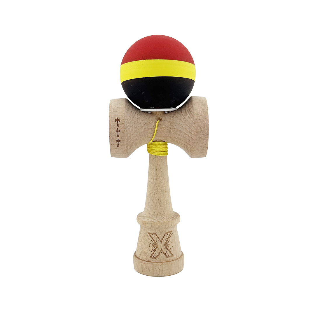 Kendama X Originala, Model V3 Rosu / Galben / Negru, Profesionala, Cupe Mari King Size, Rubber Grip, Gaura in Baza, Rulment, Ata 55cm