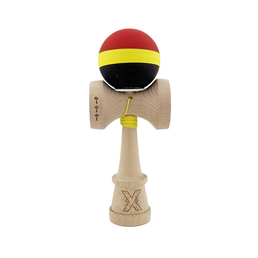Kendama X Originala, Model V3 Rosu / Galben / Negru, Profesionala, Cupe Mari King Size, Rubber Grip, Gaura in Baza, Rulment, Ata 55cm