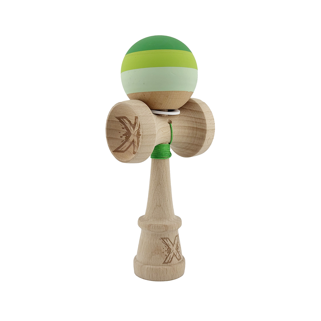 Kendama X Originala, Model V3 Verde, Profesionala, Cupe Mari King Size, Rubber Grip, Gaura in Baza, Rulment, Ata 55cm