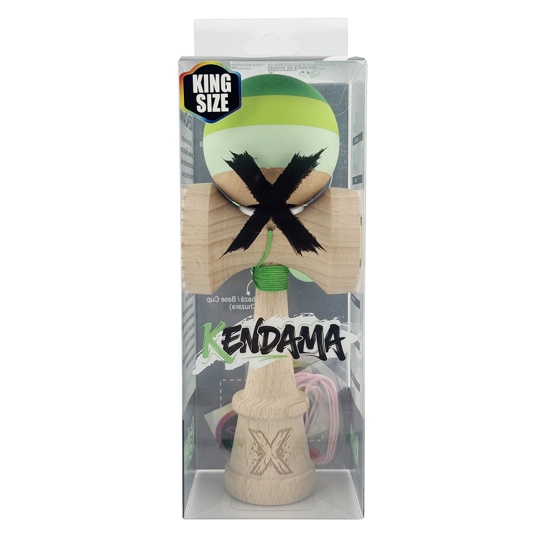 Kendama X Originala, Model V3 Verde, Profesionala, Cupe Mari King Size, Rubber Grip, Gaura in Baza, Rulment, Ata 55cm