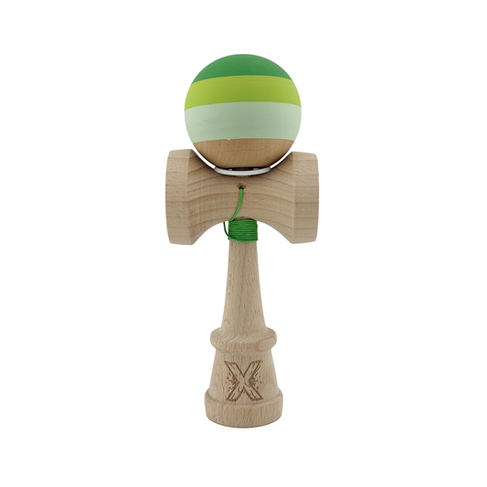 Kendama X Originala, Model V3 Verde, Profesionala, Cupe Mari King Size, Rubber Grip, Gaura in Baza, Rulment, Ata 55cm