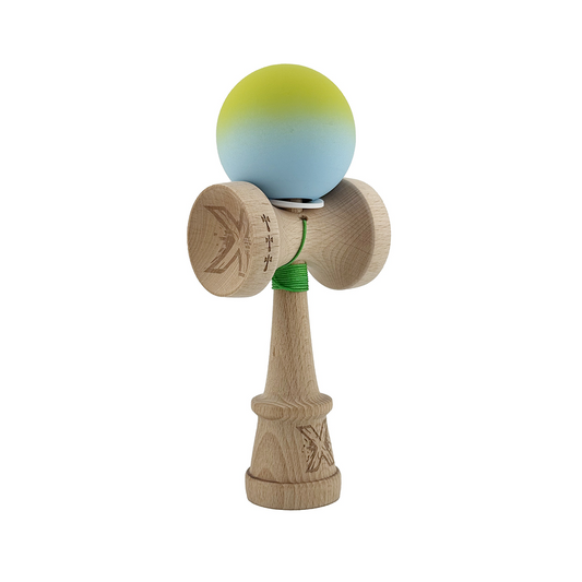 Kendama X Originala, Model V3 Galben / Albastru in Degrade, Profesionala, Cupe Mari King Size, Rubber Grip, Gaura in Baza, Rulment, Ata 55cm