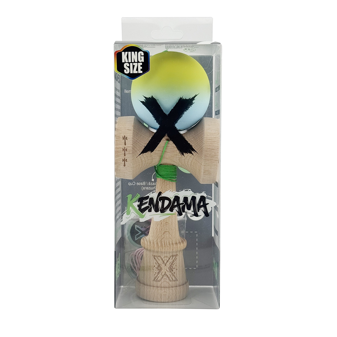 Kendama X Originala, Model V3 Galben / Albastru in Degrade, Profesionala, Cupe Mari King Size, Rubber Grip, Gaura in Baza, Rulment, Ata 55cm