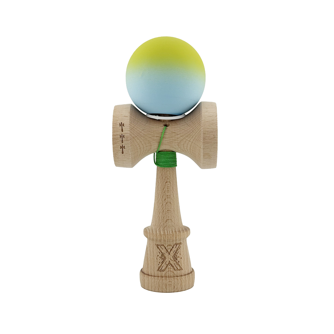 Kendama X Originala, Model V3 Galben / Albastru in Degrade, Profesionala, Cupe Mari King Size, Rubber Grip, Gaura in Baza, Rulment, Ata 55cm