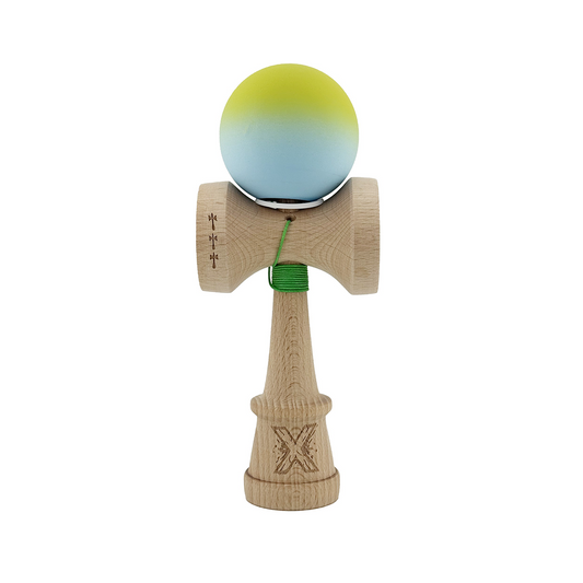 Kendama X Originala, Model V3 Galben / Albastru in Degrade, Profesionala, Cupe Mari King Size, Rubber Grip, Gaura in Baza, Rulment, Ata 55cm