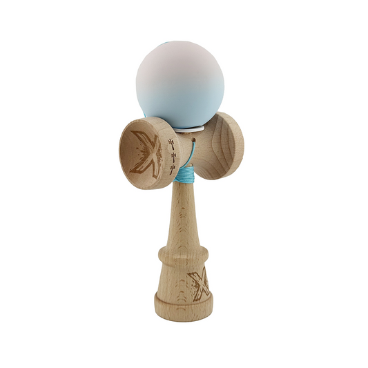 Kendama X Originala, Model V3 Lila / Turcoaz in Degrade, Profesionala, Cupe Mari King Size, Rubber Grip, Gaura in Baza, Rulment, Ata 55cm