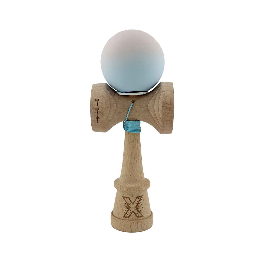 Kendama X Originala, Model V3 Lila / Turcoaz in Degrade, Profesionala, Cupe Mari King Size, Rubber Grip, Gaura in Baza, Rulment, Ata 55cm