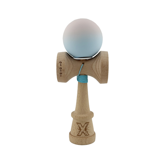 Kendama X Originala, Model V3 Lila / Turcoaz in Degrade, Profesionala, Cupe Mari King Size, Rubber Grip, Gaura in Baza, Rulment, Ata 55cm