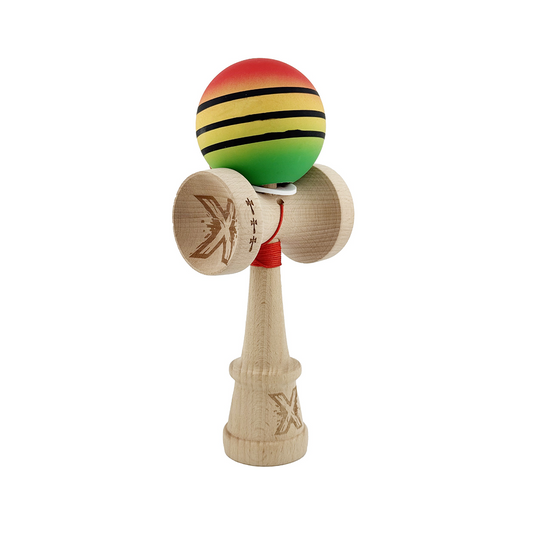 Kendama X Originala, Model V3 Rosu / Galben / Verde, Profesionala, Cupe Mari King Size, Rubber Grip, Gaura in Baza, Rulment, Ata 55cm