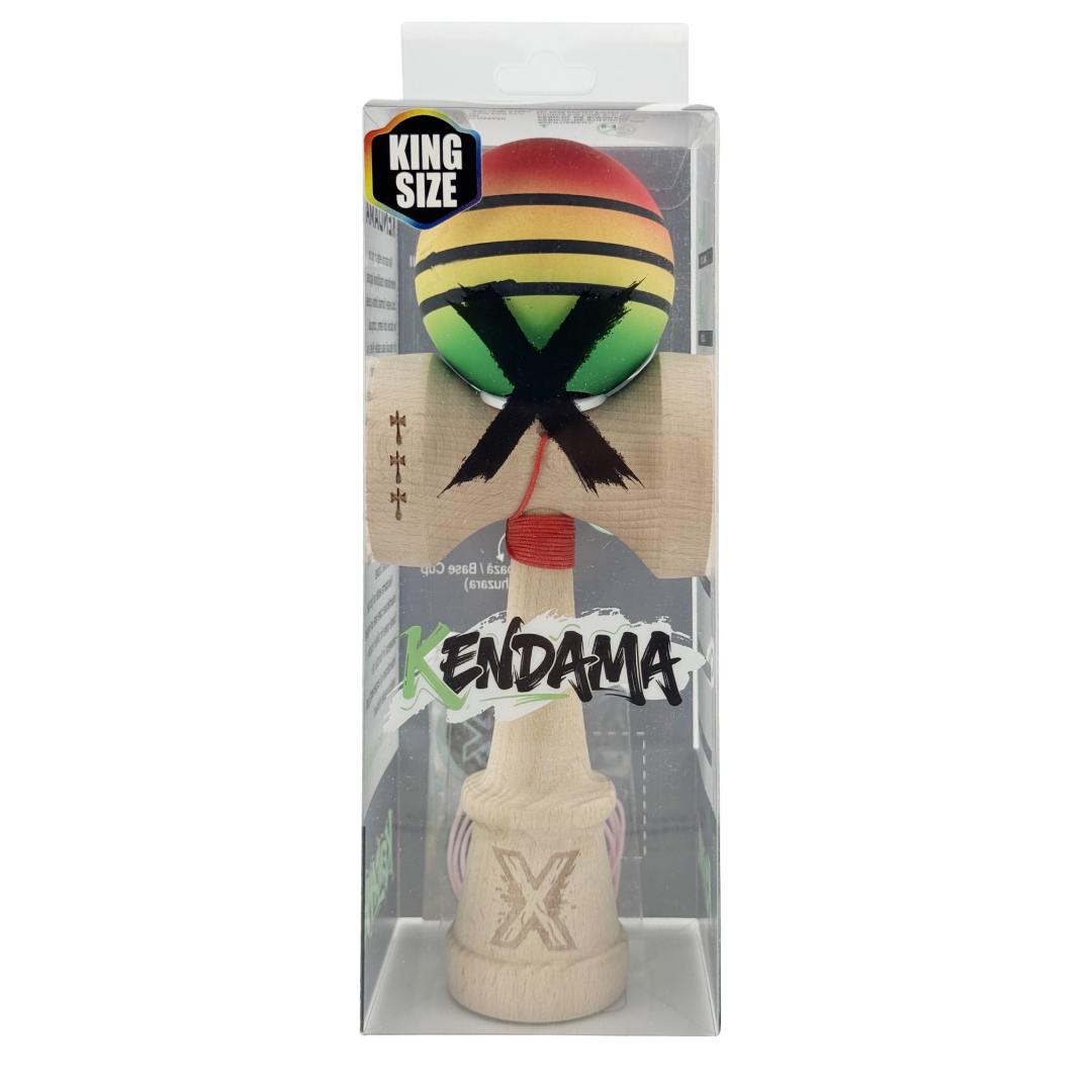 Kendama X Originala, Model V3 Rosu / Galben / Verde, Profesionala, Cupe Mari King Size, Rubber Grip, Gaura in Baza, Rulment, Ata 55cm
