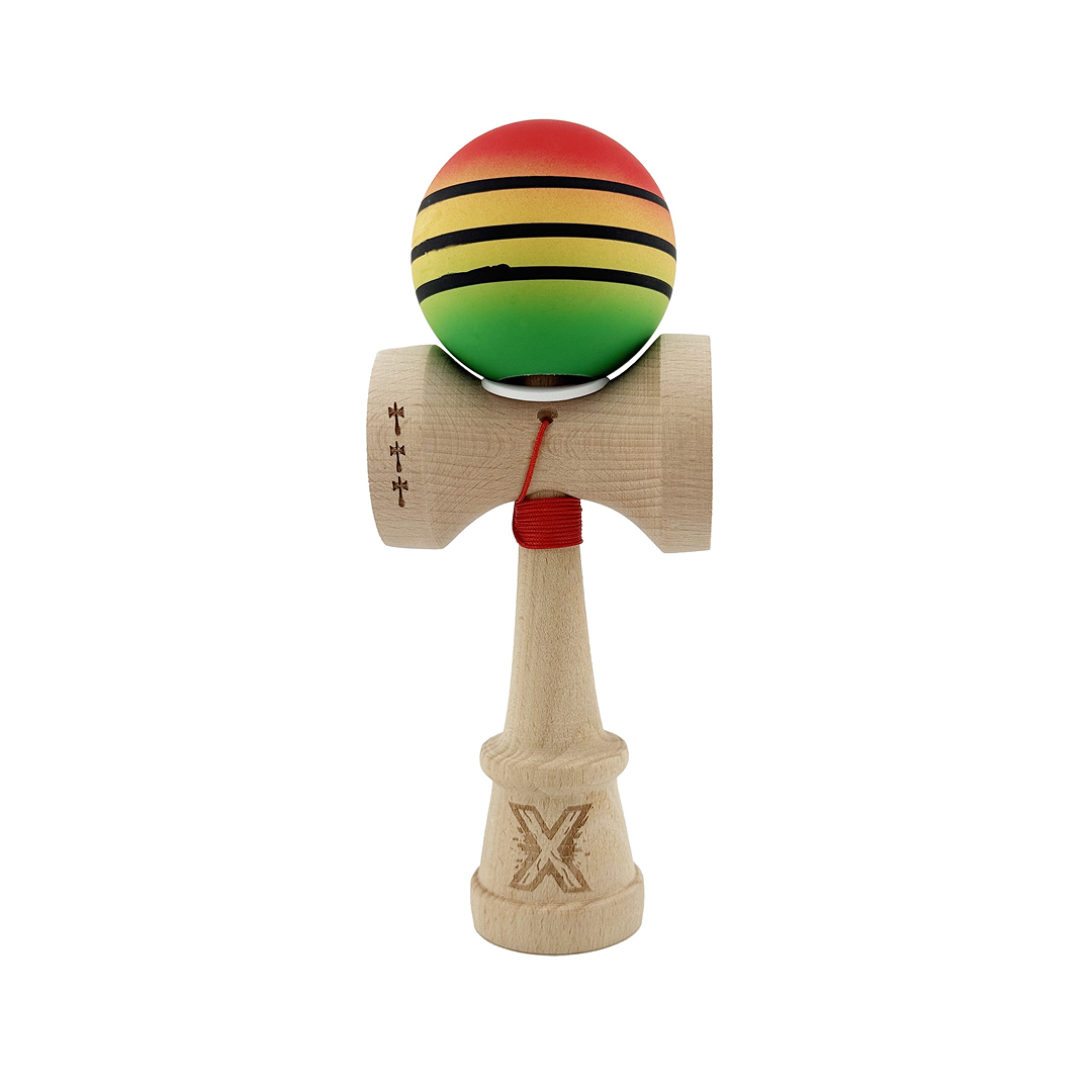 Kendama X Originala, Model V3 Rosu / Galben / Verde, Profesionala, Cupe Mari King Size, Rubber Grip, Gaura in Baza, Rulment, Ata 55cm