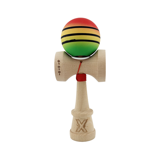 Kendama X Originala, Model V3 Rosu / Galben / Verde, Profesionala, Cupe Mari King Size, Rubber Grip, Gaura in Baza, Rulment, Ata 55cm