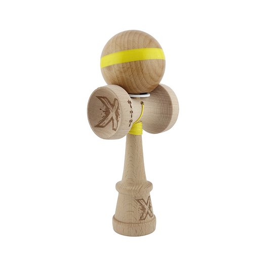 Kendama X Originala, Model V3 Galben, Linie, Profesionala, Cupe Mari King Size, Super Sticky, Gaura in Baza, Rulment, Ata 55cm