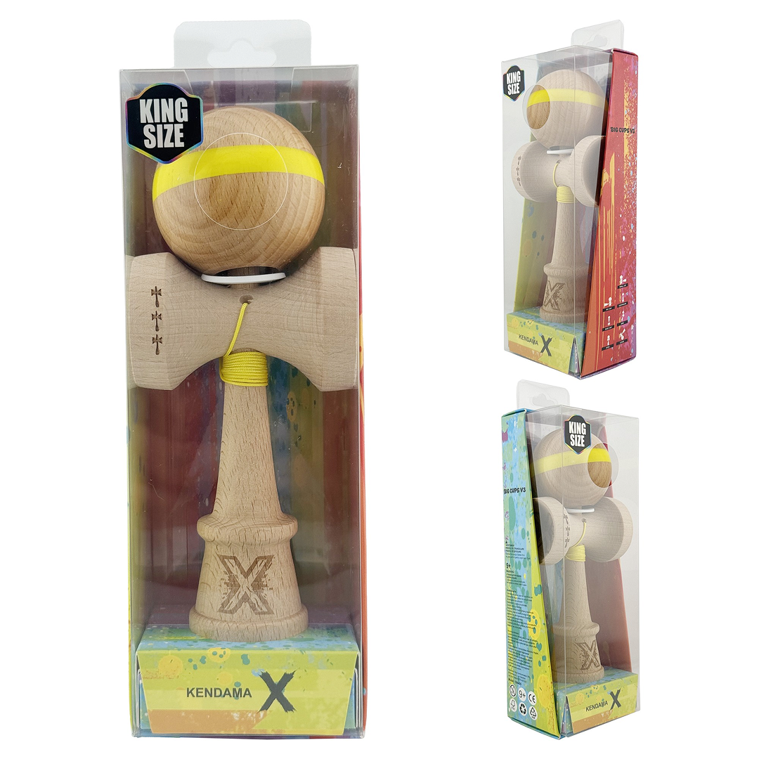 Kendama X Originala, Model V3 Galben, Linie, Profesionala, Cupe Mari King Size, Super Sticky, Gaura in Baza, Rulment, Ata 55cm