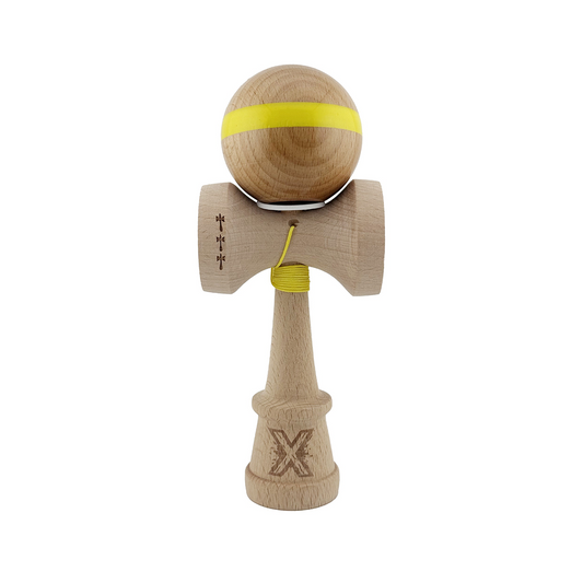 Kendama X Originala, Model V3 Galben, Linie, Profesionala, Cupe Mari King Size, Super Sticky, Gaura in Baza, Rulment, Ata 55cm