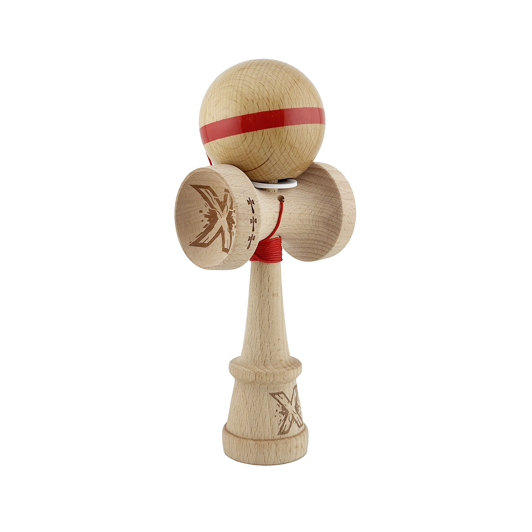 Kendama X Originala, Model V3 Rosu, Linie, Profesionala, Cupe Mari King Size, Super Sticky, Gaura in Baza, Rulment, Ata 55cm