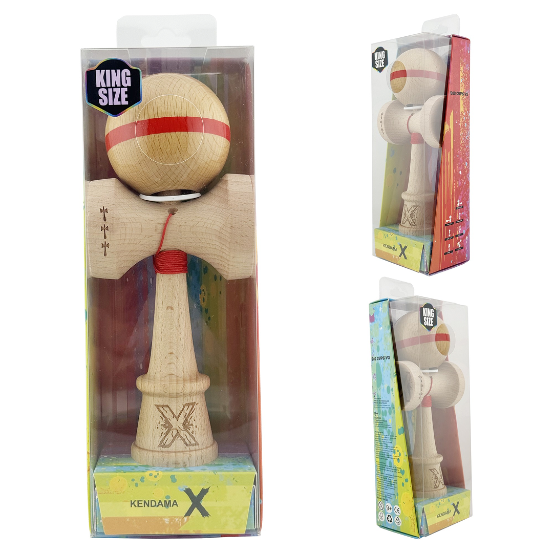 Kendama X Originala, Model V3 Rosu, Linie, Profesionala, Cupe Mari King Size, Super Sticky, Gaura in Baza, Rulment, Ata 55cm