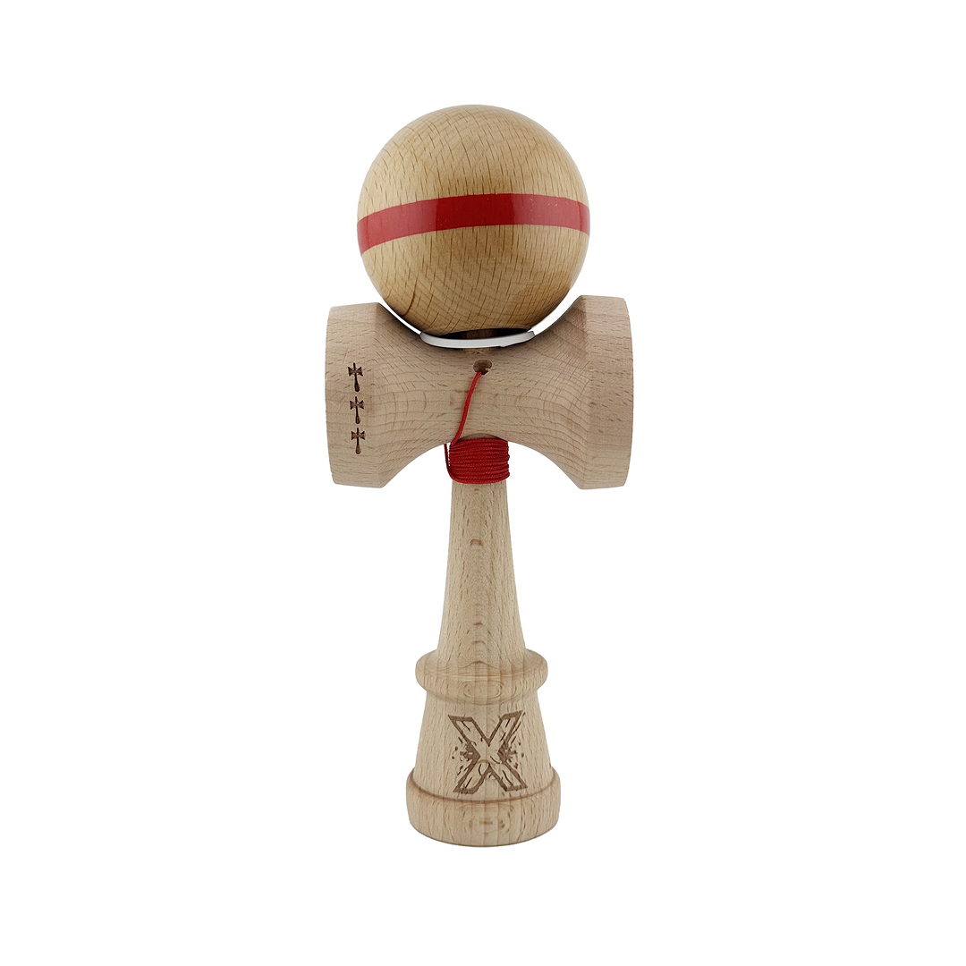 Kendama X Originala, Model V3 Rosu, Linie, Profesionala, Cupe Mari King Size, Super Sticky, Gaura in Baza, Rulment, Ata 55cm