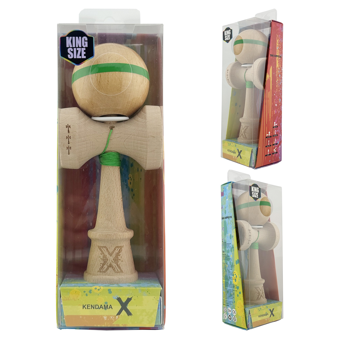 Kendama X Originala, Model V3 Verde, Linie, Profesionala, Cupe Mari King Size, Super Sticky, Gaura in Baza, Rulment, Ata 55cm