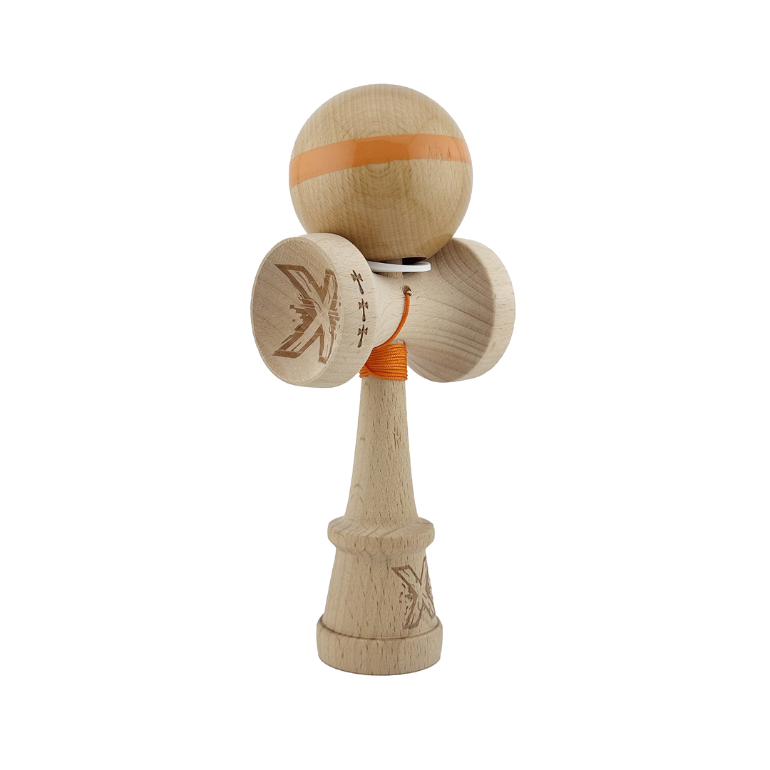 Kendama X Originala, Model V3 Portocaliu, Linie, Profesionala, Cupe Mari King Size, Super Sticky, Gaura in Baza, Rulment, Ata 55cm