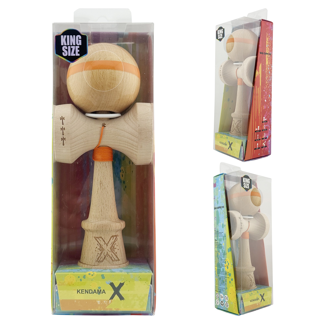 Kendama X Originala, Model V3 Portocaliu, Linie, Profesionala, Cupe Mari King Size, Super Sticky, Gaura in Baza, Rulment, Ata 55cm