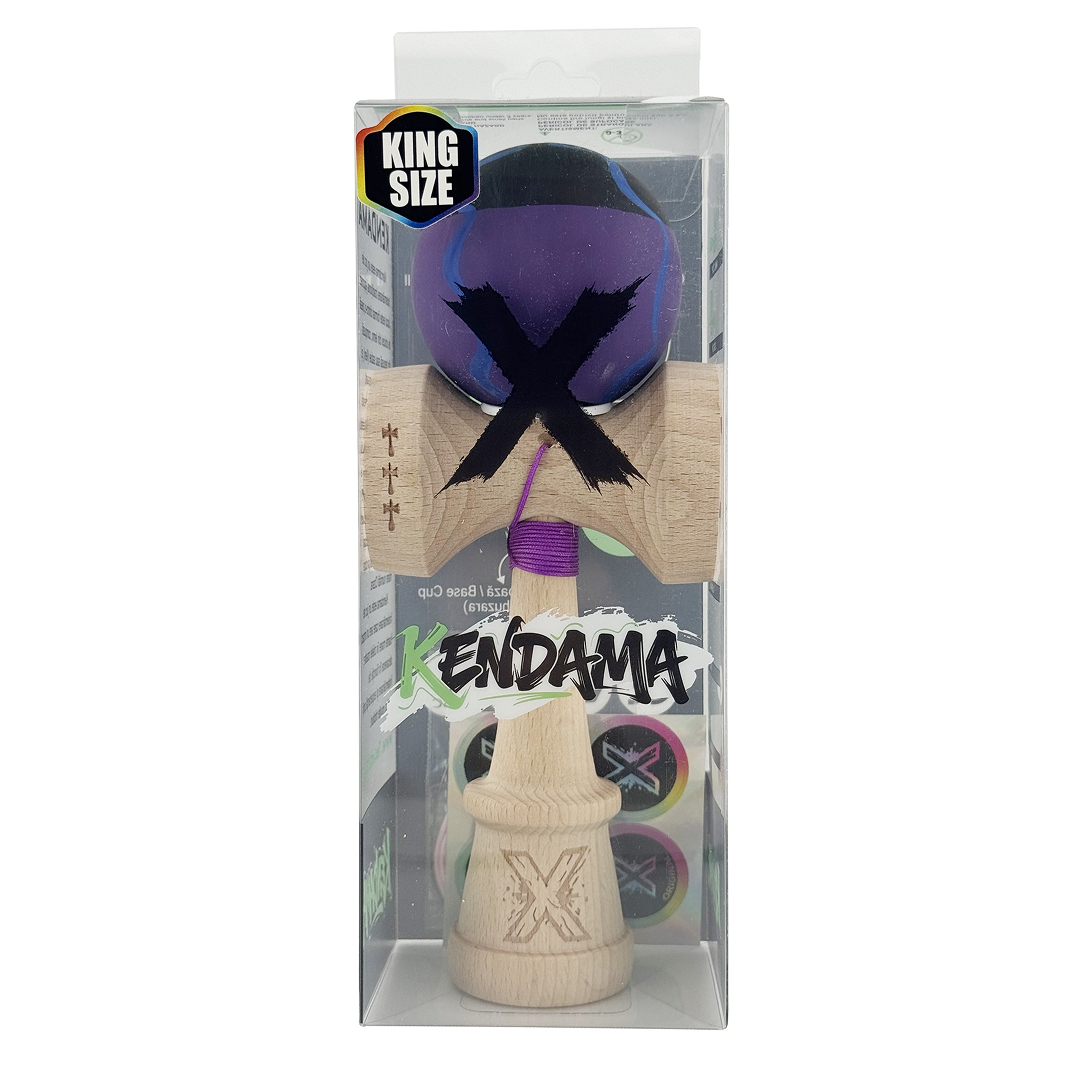 Kendama X Originala, Model V3 Special Negru / Mov / Albastru, Profesionala, Cupe Mari King Size, Rubber Grip, Gaura in Baza, Rulment, Ata 55cm