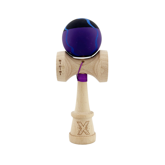 Kendama X Originala, Model V3 Special Negru / Mov / Albastru, Profesionala, Cupe Mari King Size, Rubber Grip, Gaura in Baza, Rulment, Ata 55cm