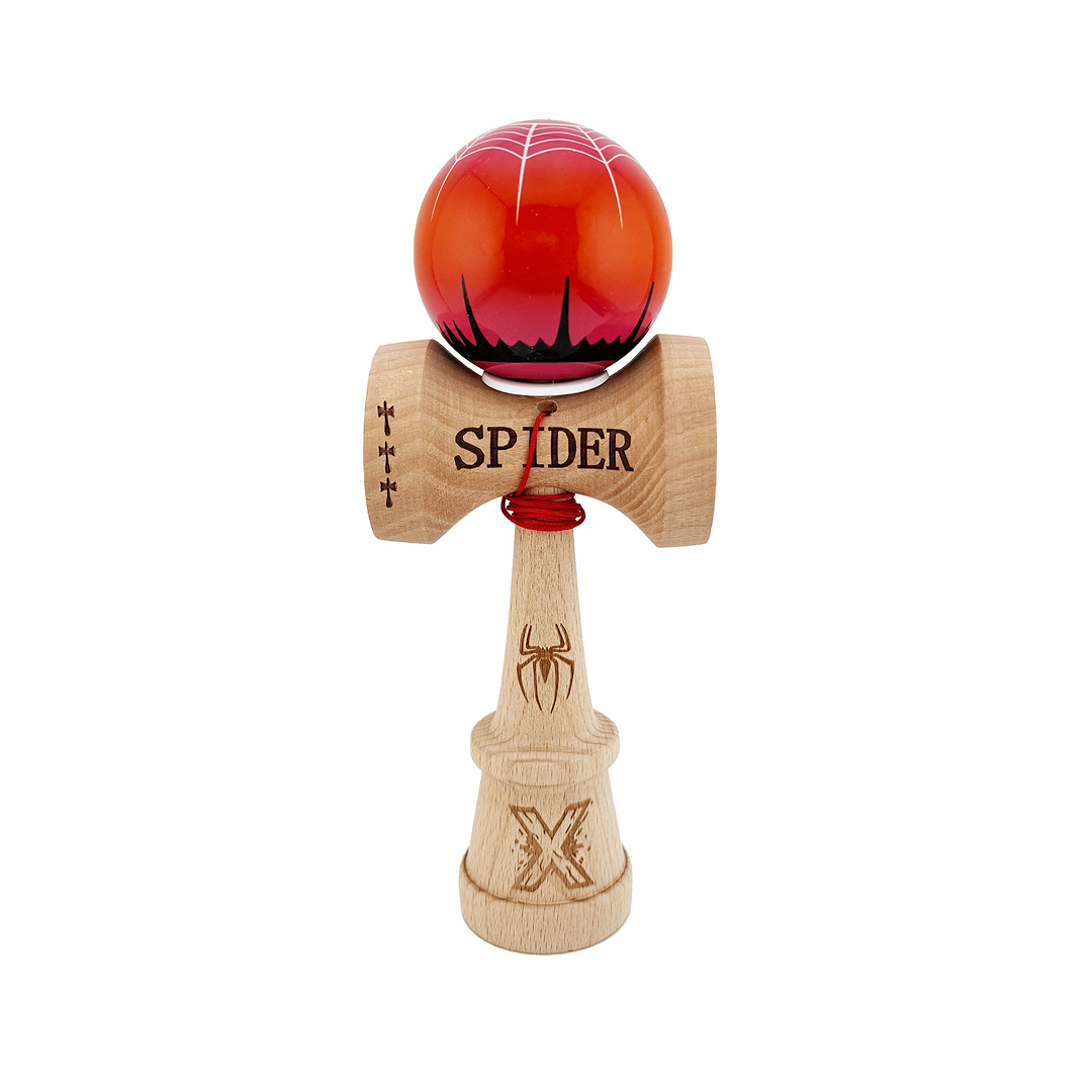 Kendama X Spider King Originala, Model V3 Rosu / Maro, Profesionala, Cupe Mari King Size, Super Sticky, Gaura in Baza, Rulment, Ata 62cm